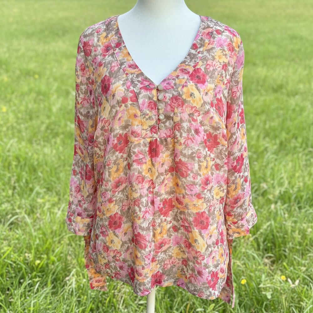 Coldwater Creek Floral Chiffon Blouse Sheer Lined V-Neck Tie Sleeve Spring Sz M